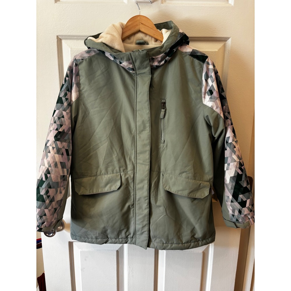 Swiss Tech 16 Hooded Winter Jacket Sage Green Geometric Sleeves Kids XL 14/16